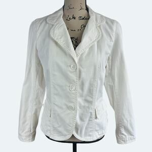 Talbots Petites Denim Blazer Women Sze 10 White Stretch 3 Button Classic Pockets